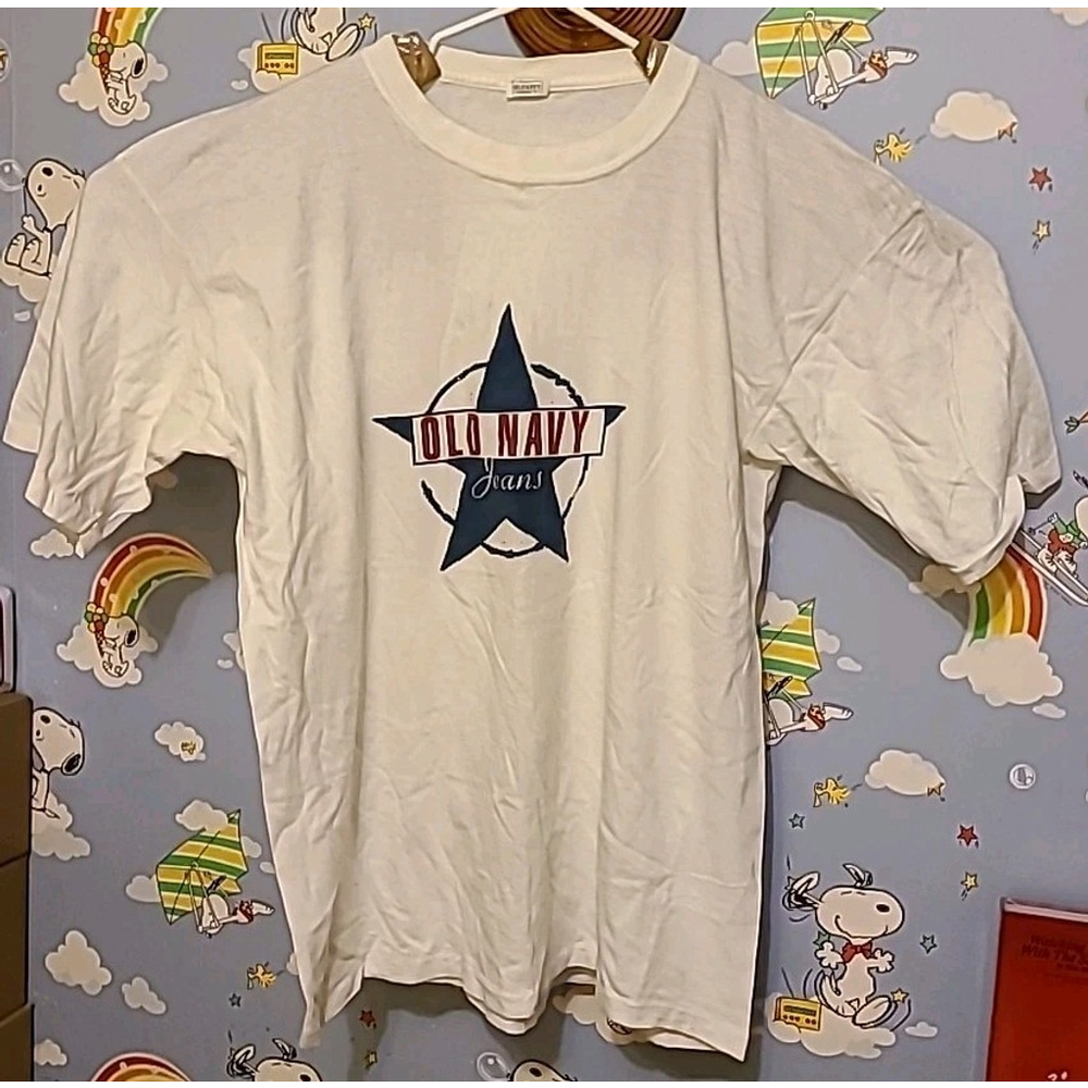Vintage 90s Old Navy Jeans Single Stitch Shirt White Blue & Red Star Logo